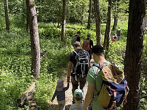Väter mit Kindern im Wald von hinten fotografiert.